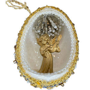 Vintage Handmade Real Egg Shell Diorama Angel Christmas Ornament Faux Pearl Trim